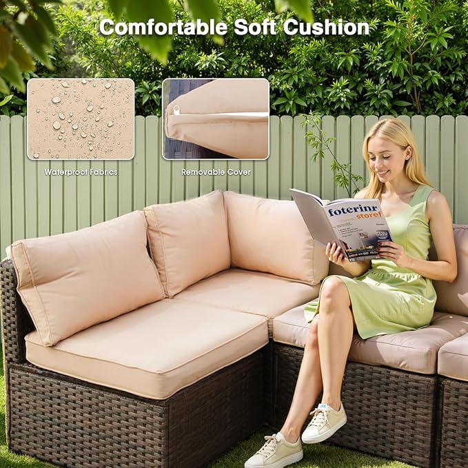 3 Piece Patio Furniture Set All Weather PE Rattan Outdoor Sectional Sofa Couch with No-Slip Cushions and Glass Top Table for Garden, Poolside, Backyard (Beige)
