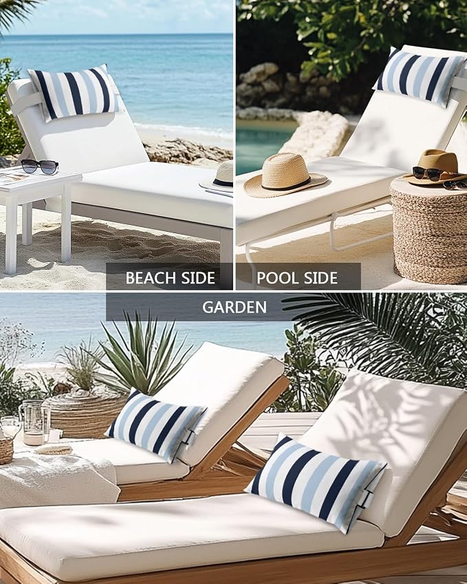 Outdoor Pillows Waterproof Covers Set of 2, Navy Blue Stripes Adjustable Elastic Chaise Lounge Headrest Pillow Covers, Contrast Striped Decorative Lumbar Pillow for Pool Patio Furniture 20x12 Inch