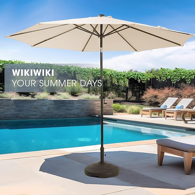 wikiwiki 10 FT Patio Umbrellas Outdoor Table Market Umbrella with Push Button Tilt/Crank, 8 Sturdy Ribs, Fade Resistant Waterproof POLYESTER DTY Canopy for Garden, Lawn, Backyard & Pool, Cream Beige