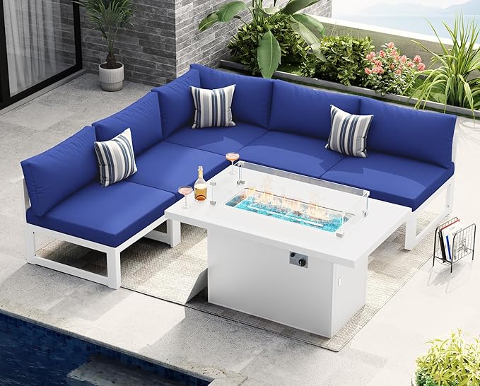 NICESOUL 6 Piece Modern Aluminum Patio Furniture Set with Fire Pit Table, 500 lbs Heavy Duty Outdoor Sectional Sofa, 29" Deep Wide Oversized Seating Conversation Couch for Garden Exterior, Navy Blue