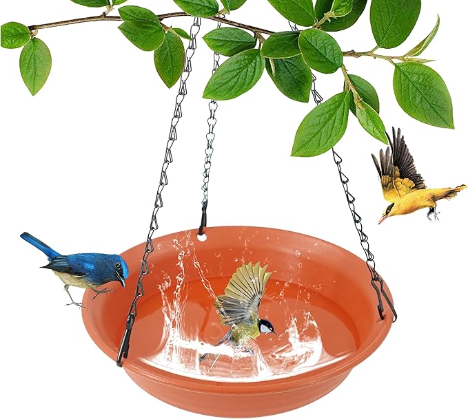 VUWEZ Hanging Bird Bath, Hanging Bird Water Feeder for Outdoors, Feeder Bowl, 1 Pack Birdbath Tray Accessories for Outside, Plastic Birdbaths Tray for Garden Patio Decoration (12", Terra Cotta)