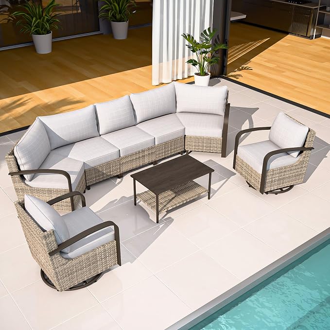 COOS BAY Aurora Terrace 6 Piece Outdoor Sectional Furniture Set, Half Moon Rattan Wicker Conversation Set with Swivel Chairs, 5 Seat Sofa & Coffee Table for Patio Garden Yard, Beige/Beige