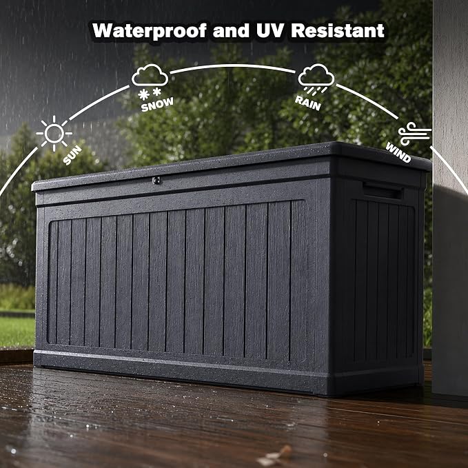 XXL Deck Box Outdoor Storage, Large Waterproof Resin Deck Boxes with Double-Wall Construction, Lockable Patio Storage for Furniture Cushions Garden Tools Pool Supplies, Black (260 Gallon)