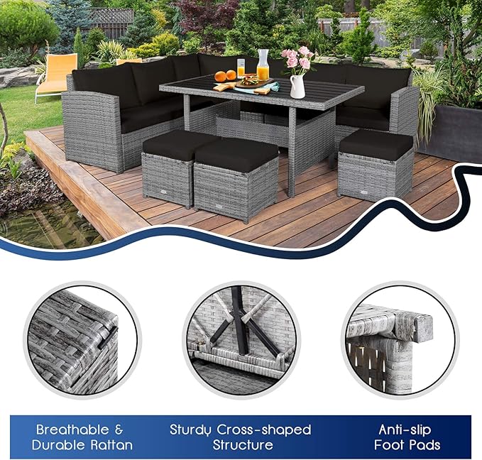 RELAX4LIFE 7 PCS Wicker Patio Furniture Set, Outdoor Rattan Sofa Set with Dining Table & Ottomans Soft Cushions for Backyard Garden Poolside Balcony, Sectional Conversation Couch Set (Black)