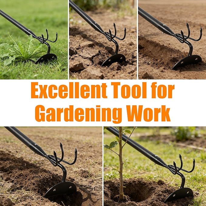 52" Heavy Duty 2-in-1 Hoe & Tiller Rake Garden Tool, 3-Tine Cultivator for Weeding and Soil Loosening, Long Handle Stand Up Digging Tool for Gardening and Planting