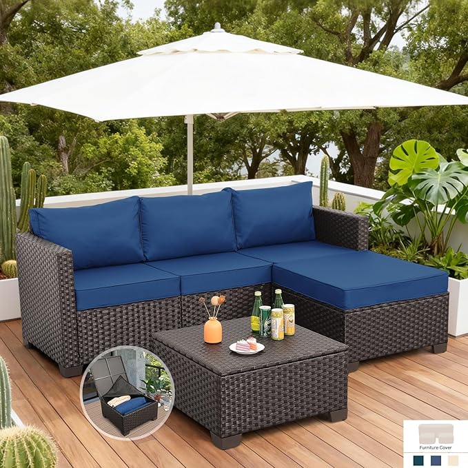 Patio Furniture Set 3 Pieces Outdoor Sectional Sofa Set Wicker Patio Furniture Outdoor Couch Outdoor Ottoman Coffee Table with Storage All-Weather Anti-Slip Cushions Waterproof Covers, Navy Blue