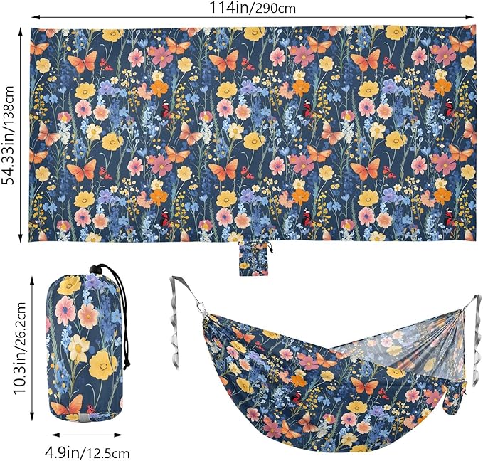 Camping Hammock Outdoor Hammocks for Outside Wildflowers Grasses Butterfly Beach Trees Portable Lightweight with Pockets Tree Straps Indoor