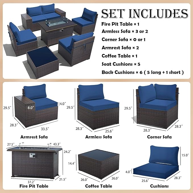 Gotland 7 Pieces Patio Furniture Set with 55000BTU Fire Pit Table, Wicker Patio Set with Wide Armrests 29.5'' High Backrest Thick Cushions 1 Coffee Table, Outdoor Furniture for Porch Deck Navy