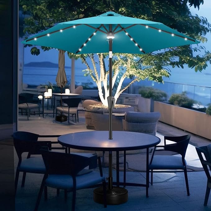 FLAME&SHADE 7.5 FT Solar Light Patio Umbrella, 24 LED Lights Outdoor Umbrella with Centre Surround Light, Table Umbrella Outdoor Patio for Deck, Pool, Backyard, Garden, UV Protection (Aqua Blue)