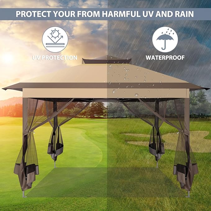 COBIZI Pop Up Gazebo 11x11 One-Push Canopy Tent, Carpas para Patio, Outdoor Canopy Shelter with Double Roof Ventiation 121 Square Feet of Shade for Lawn, Garden, Backyard and Deck,Brown(Upgraded 2.0)