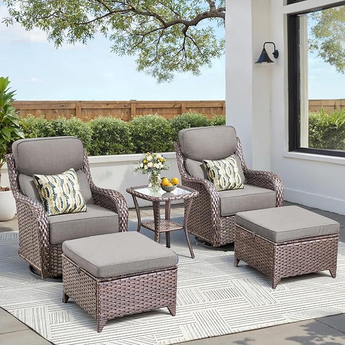 Luxury 5 Pieces Patio Furniture Set-Outdoor Swivel Rocker Patio Chairs with 6" Thick Cushions, Swivel Rocker Chairs with Ottomans & Side Table, Outdoor Conversation Sets for Porch Deck(Brown/Grey)