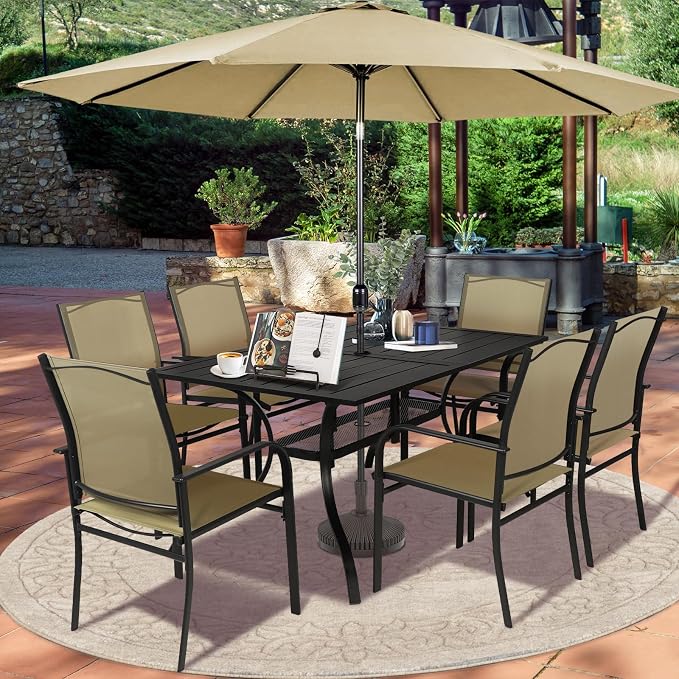 SUNCROWN 8 - Piece Outdoor Dining Set, Patio Furniture Set with 6 Textilene Dinning Chairs, 1 Rectangle Metal Table and 1 Brown 9Ft Patio Umbrella for Lawn Garden Backyard Deck, Brown