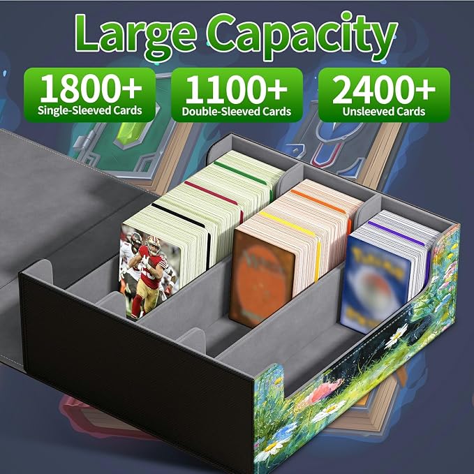 Large Card Deck Box for MTG, Fits 1200+ Sleeved Cards, PU Leather Storage Case with Strong Magnetic Closure, Multiple Colors Available for TCG CCG Baseball Card Collections, Lawn Black Cat
