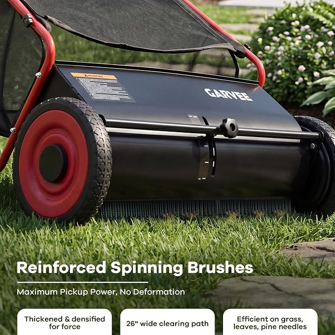 Garvee Push Lawn Sweeper, 26 in Leaf & Grass Collector with 7 Cu. ft. Hopper Bag, 4 Spinning PP Brushes, Durable Steel Construction, Adjustable Height & Rubber Tires for Leaves Grass Cleanup
