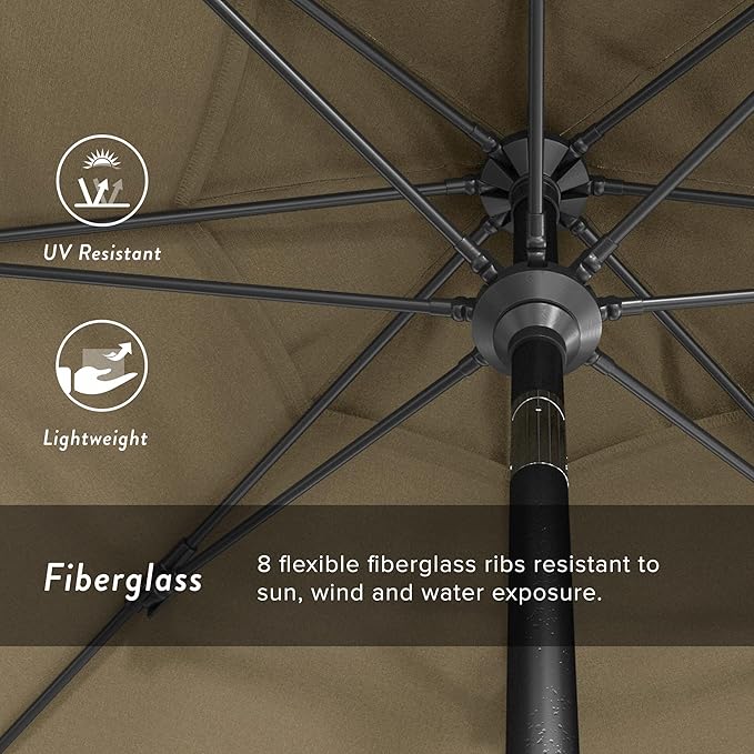 California Umbrella 9' Rd. Crank Lift, Collar Tilt, Aluminum Pole, Fiberglass Rib Patio Umbrella, Hammertone Grey Finish, Sunbrella Antique Beige