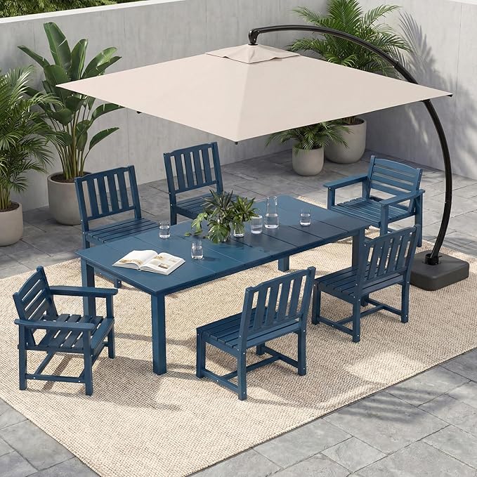 HDPE Outdoor Dining Set for 6, 7-Piece Outdoor Dining Table Set with 11FT Cantilever Umbrella, Patio Table and Chairs Set with Aluminum Frame & Legs (Blue)