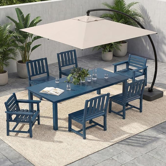 HDPE Outdoor Dining Set for 6, 7-Piece Outdoor Dining Table Set with 11FT Cantilever Umbrella, Patio Table and Chairs Set with Aluminum Frame & Legs (Blue)