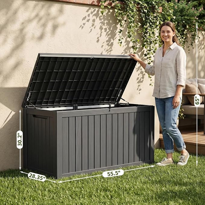 200 Gallon Deck Box, Extra Large Waterproof Outdoor Storage Box with Hydraulic Rod, Weatherproof Resin, Lockable Wood-grain Finish Container for Patio Furniture, Garden, Pool and Garage (Black)