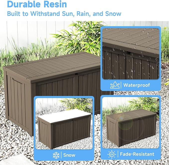 Pepe Tee 150 Gallon Waterproof Resin Deck Box, Outdoor Storage Bin for Patio Furniture Cushions, All-Weather Garden Organizer & Seating Bench, Coffee
