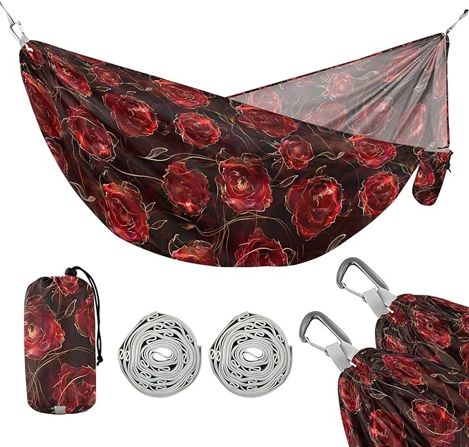 Camping Hammock Outdoor Hammocks for Outside Scarlet Rose Beach Trees Portable Lightweight with Pockets Tree Straps Indoor Small