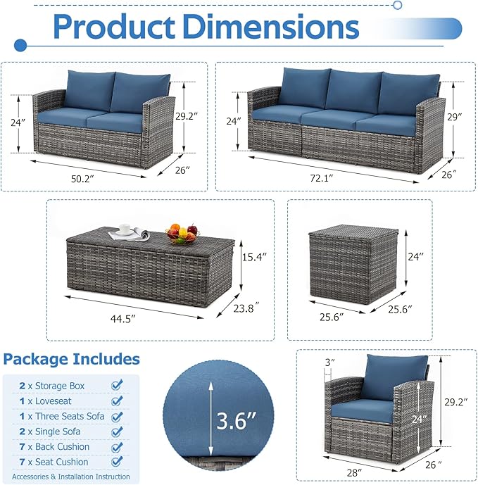 U-MAX 7 PCS Outdoor Patio Furniture Sets w/Two Storage Boxes, Outdoor Conversation Set PE Wicker Sectional Sofa Patio Sofa for Garden, Deck, Grey Rattan& Blue Cushions