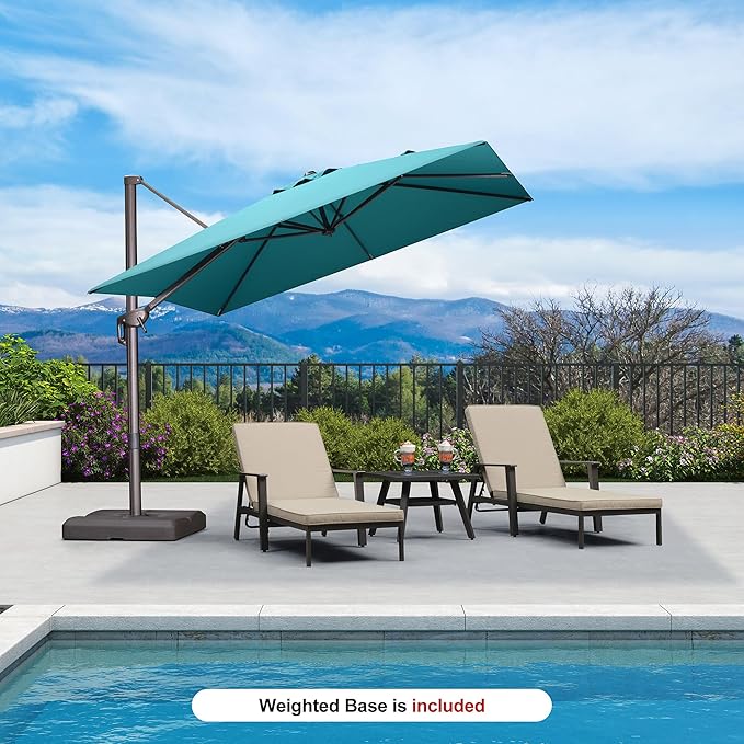 PURPLE LEAF 9' X 9' Patio Umbrella With Base Antique Bronze Square Cantilever Umbrella Outdoor with 360° Rotation and Aluminum Offset Hanging for Pool Deck Garden Backyard, Turquoise