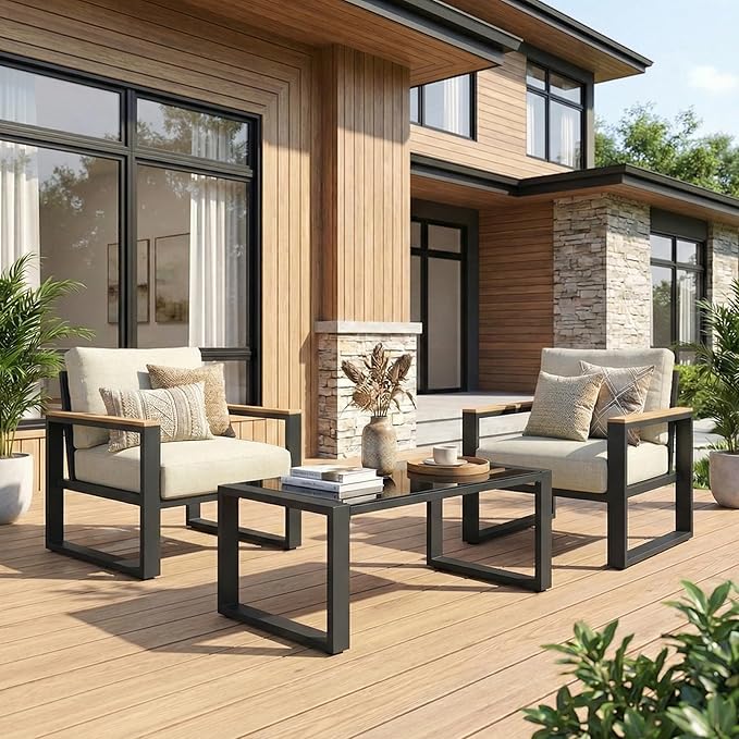 RoyalCraft Aluminum Outdoor Patio Furniture Set with Height-Adjustable Footrest, 3 Pieces All-Weather Patio Sofa Sets with Coffee Table for Porch Backyard Garden Patio, Beige