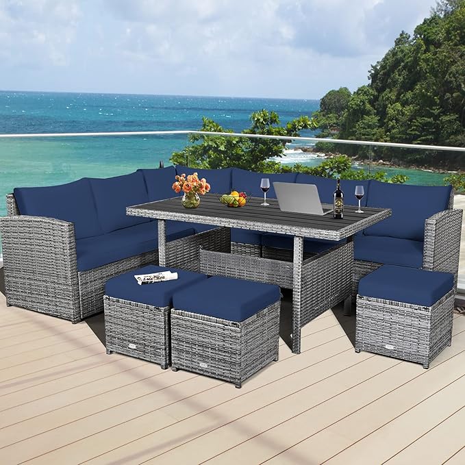 HAPPYGRILL 7 Pieces Rattan Wicker Patio Conversation Set, Outdoor Patio Furniture Set with Cushions, Rattan Sofa Set with Dining Table & Ottomans for Poolside Backyard Balcony Garden (Navy)