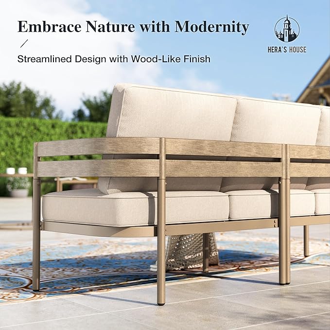 HERA'S HOUSE 4 Pieces Patio Furniture Set, 1 x 3-Seat Outdoor Sofa, 2 x Swivel Armchairs,1 x Wood-Like Nesting Coffee Table, All Weather Patio Conversation Set with Ultra Thick Comfy Cushion