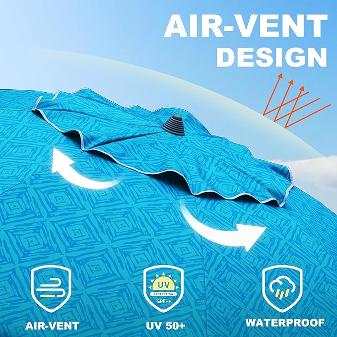 AMMSUN Beach Umbrella with Sand Anchor & Table Tray, Portable Heavy Duty 6.5ft Sun Outdoor Umbrella, UV 50+ Protection, Carry Bag for Beach, Patio, Pool and Garden, Sky Blue Paint