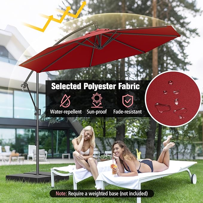 Tangkula 10 FT Patio Offset Umbrella, Hanging Cantilever Umbrella w/X-shaped Base & 360° Rotation, Smooth Crank Handle, Vented Top, Outdoor Market Umbrella for Backyard, Deck (Red)