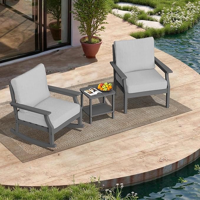 HDPE Patio Conversation Set, 3-Piece All Weather Outdoor Furniture Set with 1 Single Sofa，1 Rocking Sofa for Deck, Lawn, with Cushion, Gray