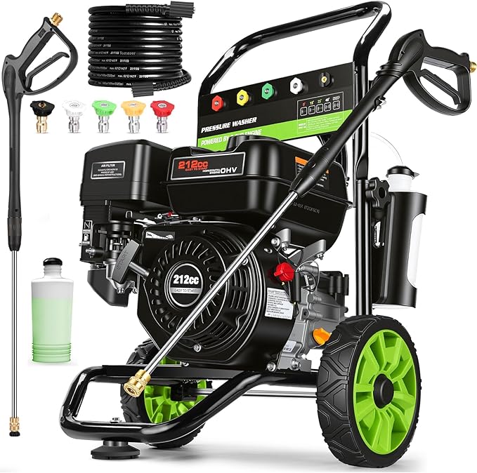 Professional 4200PSI 4GPM 212CC Gas Pressure Washer, 7.0HP Commercial Gas Power Washer with 1L Foam Bottle 8" Wheels 5 Nozzles 25FT Hose for Cleaning for Home Car Yard (EPA/CARB/ETL Compliant), Black