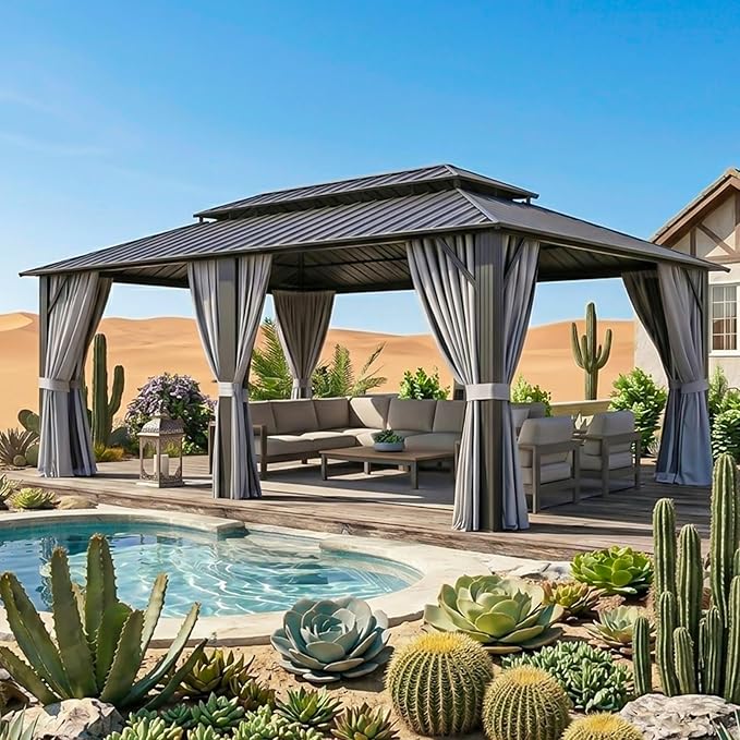 12x20FT Hardtop Gazebo, Metal Frame with Double Galvanized Steel Roof, Permanent Outdoor Pergola with Curtains and Netting Included for Backyard, Patio, Lawn and Garden, Gray