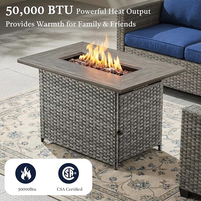 8 Piece Patio Furniture Set with 41" Fire Pit Table - Patio Conversation Set with 4 Inch Thick Cushions and Deep Seating Swivel Glider Chairs Set of 4 & Outdoor Couch for Porch Deck Yard Pool