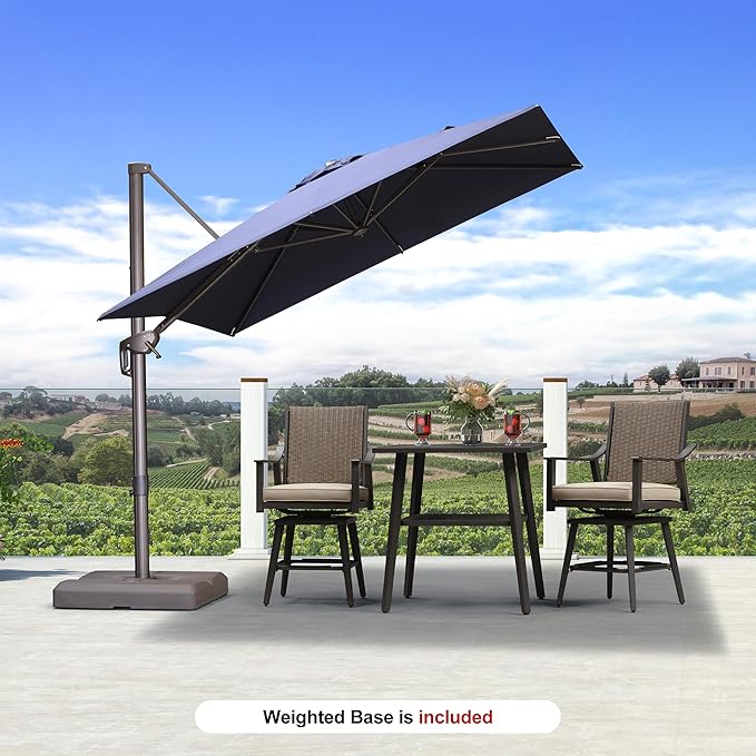PURPLE LEAF 8' X 8' Cantilever Patio Umbrella with Base Included Antique Bronze Square Umbrella with 360° Rotation and Aluminum Offset Hanging Outdoor Umbrella for Pool Garden Backyard Deck, Navy Blue