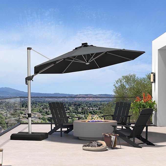 PURPLE LEAF Cantilever Umbrella with base 11ft Outdoor Round Patio Solar Powered LED Umbrella with 360-degree Rotation for Garden Deck Pool Patio, Grey