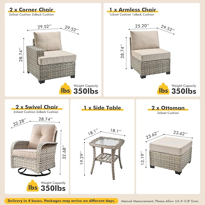 8 Pcs Outdoor Sectional Patio Furniture Set with Swivel Rocking Chair and Ottomans - All Weather Wicker Outside Sectional Couch,Patio Seating Outdoor Conversation Sets for Deck Yard Garden,Beige