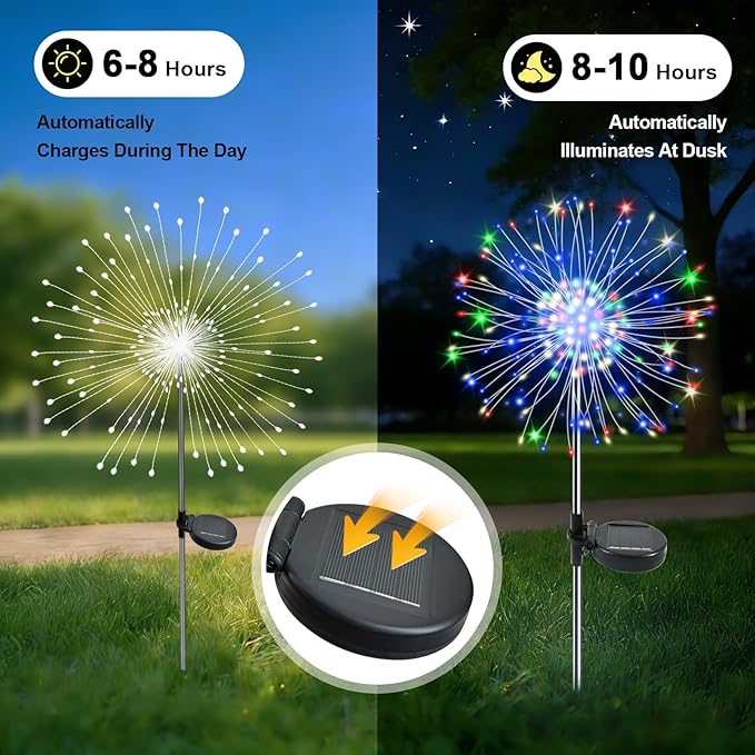 Solar Garden Lights Outdoor, 2 Pack 120 LED Twinkling Firework Lights Decorative with 2 Modes, Outdoor Waterproof Solar Starburst Light for Yard Pathway Planter Patio Decor, Multicolor