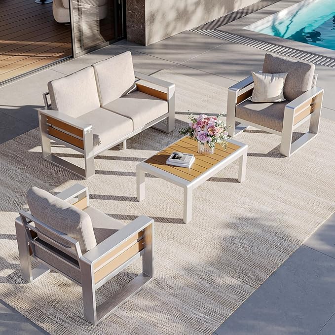 Aoxun Aluminum Outdoor Patio Furniture Set, 2 Seats Metal Sectional Patio Furniture, Modern Outside Sectional Set for Backyard, Love Seat Sofa ×1, Silver & Beige