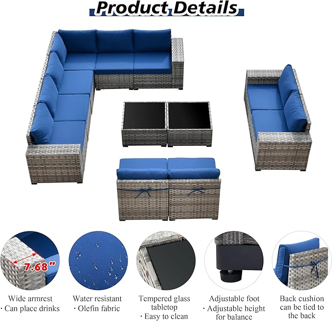 HOOOWOOO Outdoor Patio Sectional Furniture Sofa Set with Widened Armrest,12 Piece Large Modern Wicker Couch,Modular L Shaped Conversation Seating Set with Table for Out Door Garden Corner(Navy Blue)