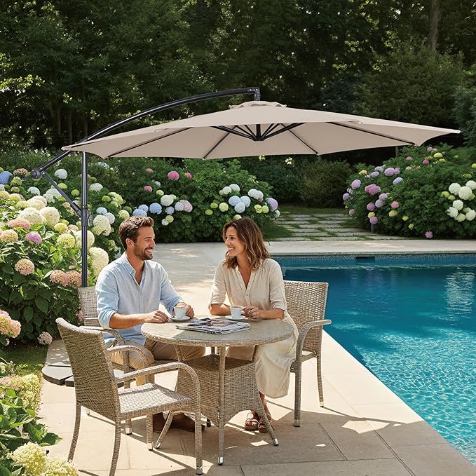 10FT Offset Patio Umbrella, Cantilever Hanging Umbrella with Infinite Tilt, Fade-Resistant Water-Repellent Canopy & Cross Base for Yard, Garden & Deck