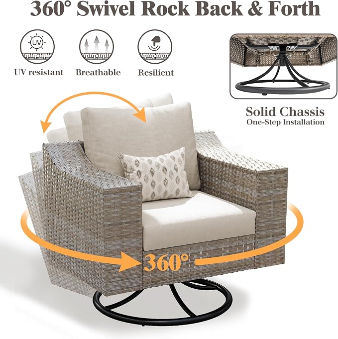 LUXOAK 3-Piece Outdoor Wicker Patio Furniture Set, 360° Swivel Rocking Chairs with Storage Side Table, PE Rattan Conversation Set with 6" Wide Armrests & Thick Cushions, for Porch/Deck/Garden/Backyard