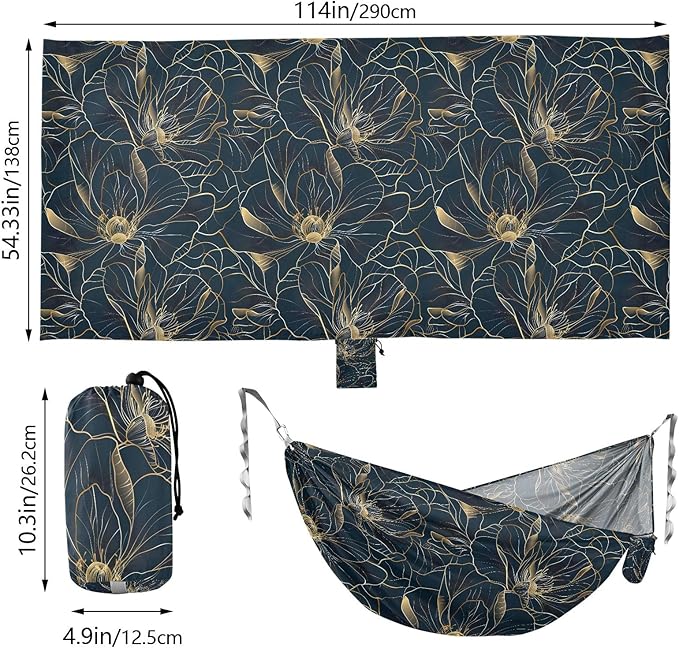 Camping Hammock Outdoor Hammocks for Outside Golden Flower Line Art Beach Trees Portable Lightweight with Pockets Tree Straps Indoor Small