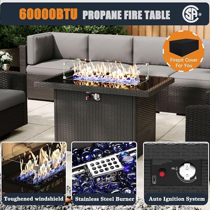 Patio Furniture Set with Fire Pit Table, 10 Pieces Outdoor All-Weather Wicker Conversation Sectional Chair Sofa Set with 2 Swivel Chairs