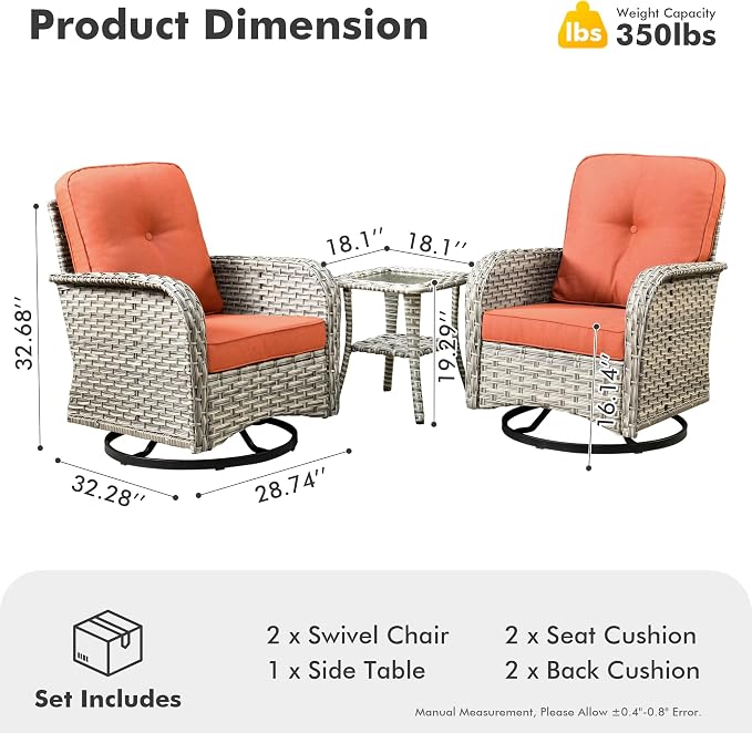 Outdoor Swivel Rocker Patio Chairs,Wicker Glider Swivel Rocking Chair Set of 2,Patio Rocking Swivel Chair Set with Rattan Side Table,Bold Red