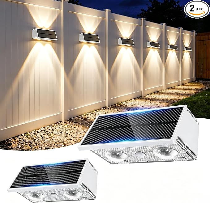 Solar Fence Lights Outdoor, 2 Pack 100LM Fence Lights Solar Powered, 9 Color Modes, Up and Down LED Focused Beam, 12H Dusk to Dawn Glow for Pool/Patio/Wall/Backyard - White