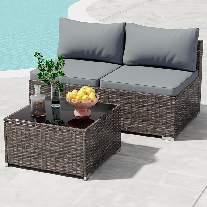3 Piece Patio Furniture Set, Outdoor Wicker Patio Sofa Set, PE Rattan Sectional Couch with Glass Table and Grey Cushions, All-Weather 3 Piece Outdoor Patio Furniture Sets, Brown