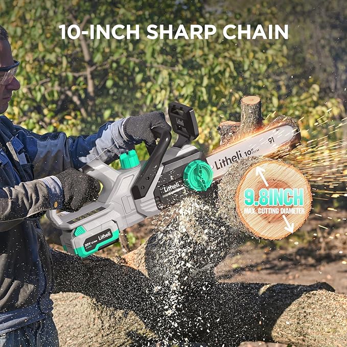 Litheli Chainsaw 10-inch, Portable Electric Chainsaw Cordless, Battery Operated Chain Saw with 4000 mAh,Mini Saws for Trees Cutting Home Garden(Battery & Charger included)