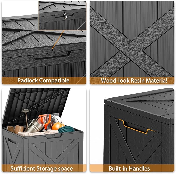 32 Gallon Outdoor Storage Box - Weather-Resistant Resin Deck Box with UV Protected, Waterproof for Package Delivery, Patio Cushions, Gardening Tools (Black, 32 Gallon)